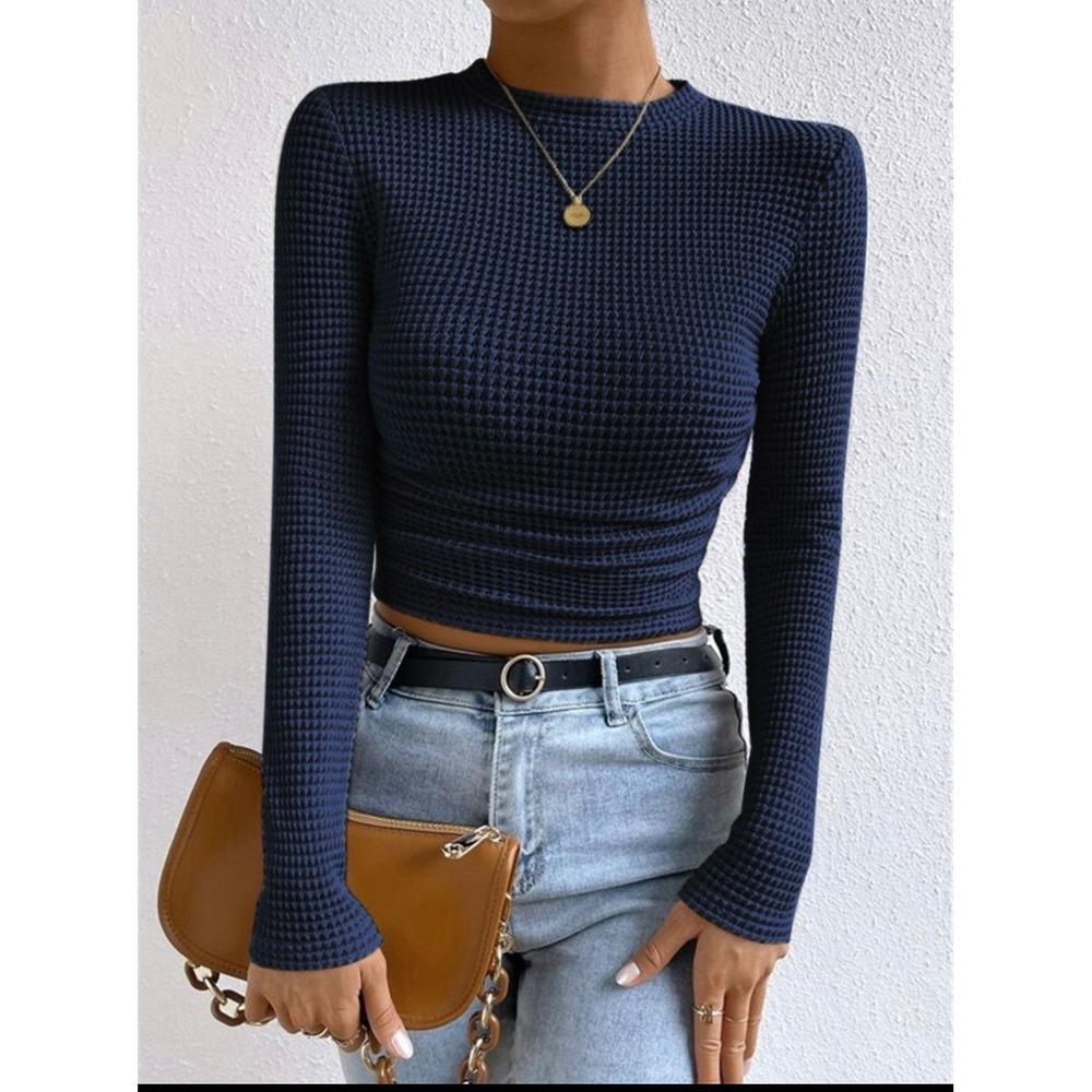Commense Plain Waffle Slim Sweater‎ navy size L